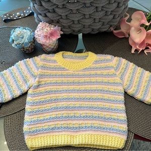 Hand Knitted Baby Sweater (blue, yellow, pink)